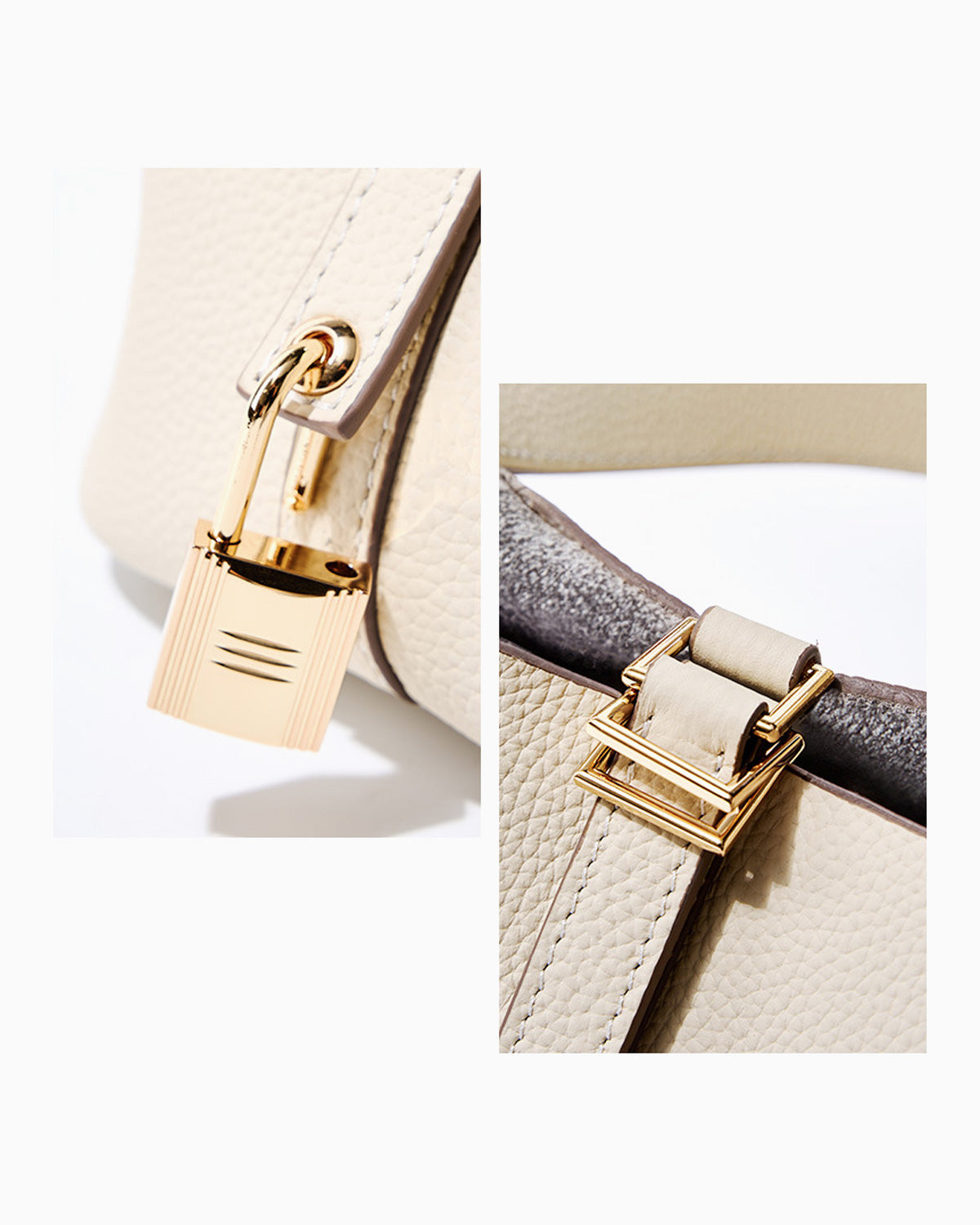 Genuine Togo Leather Bucket Bag with Lock and Key and removable pouch, Off-White color. Lock close up