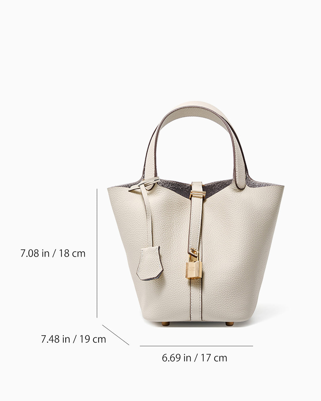 Genuine Togo Leather Bucket Bag with Lock and Key and removable pouch, Off-White color, dimensions