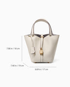 Dimensions of the Off-White Genuine Togo Leather Bucket Bag with Lock and Key and removable pouch