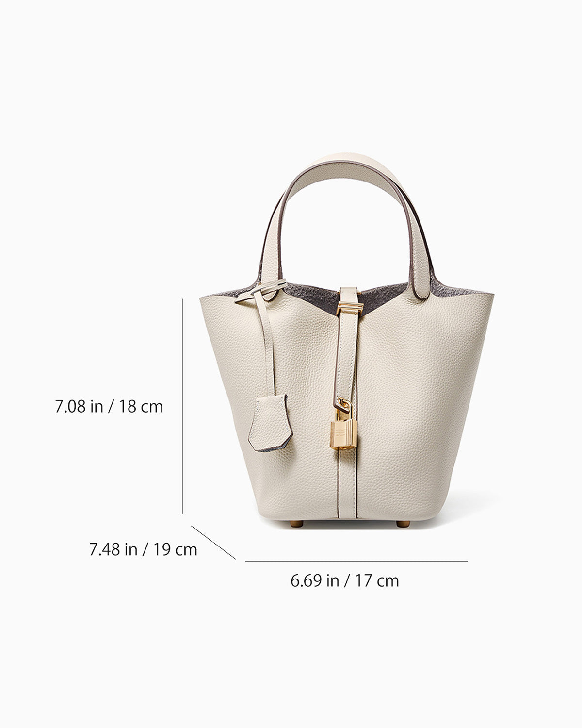 Dimensions of the Off-White Genuine Togo Leather Bucket Bag with Lock and Key and removable pouch