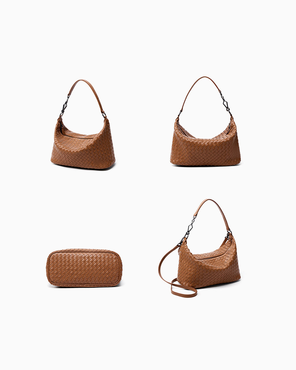 A brown woven leather shoulder bag shown from four angles on a plain white background: front, back, side, and with the strap laid flat.