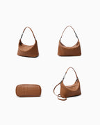 A brown woven leather shoulder bag shown from four angles on a plain white background: front, back, side, and with the strap laid flat.