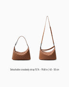 A brown woven leather shoulder bag shown in two views: one with a shoulder strap, another with a detachable crossbody strap