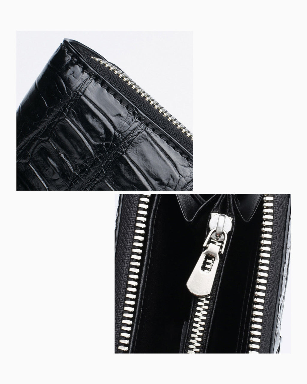 Close-up detail of a black Genuine Siamese Crocodile Leather Clutch, showing the glossy textured exterior and a silver metal zipper pull.