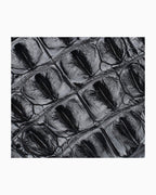 A close-up of a black textured crocodile leather