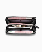 An open zip-around Black Genuine Siamese Crocodile Leather Clutch with multiple card slots.
