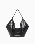 Woven Genuine Leather Hobo Shoulder Tote Bag, Black Color