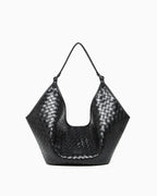 Woven Genuine Leather Hobo Shoulder Tote Bag, Black Color