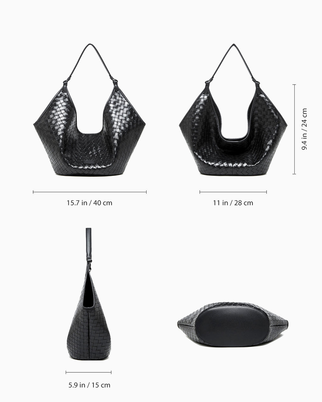 Dimensions of the Woven Genuine Leather Hobo Shoulder Tote Bag, Black Color