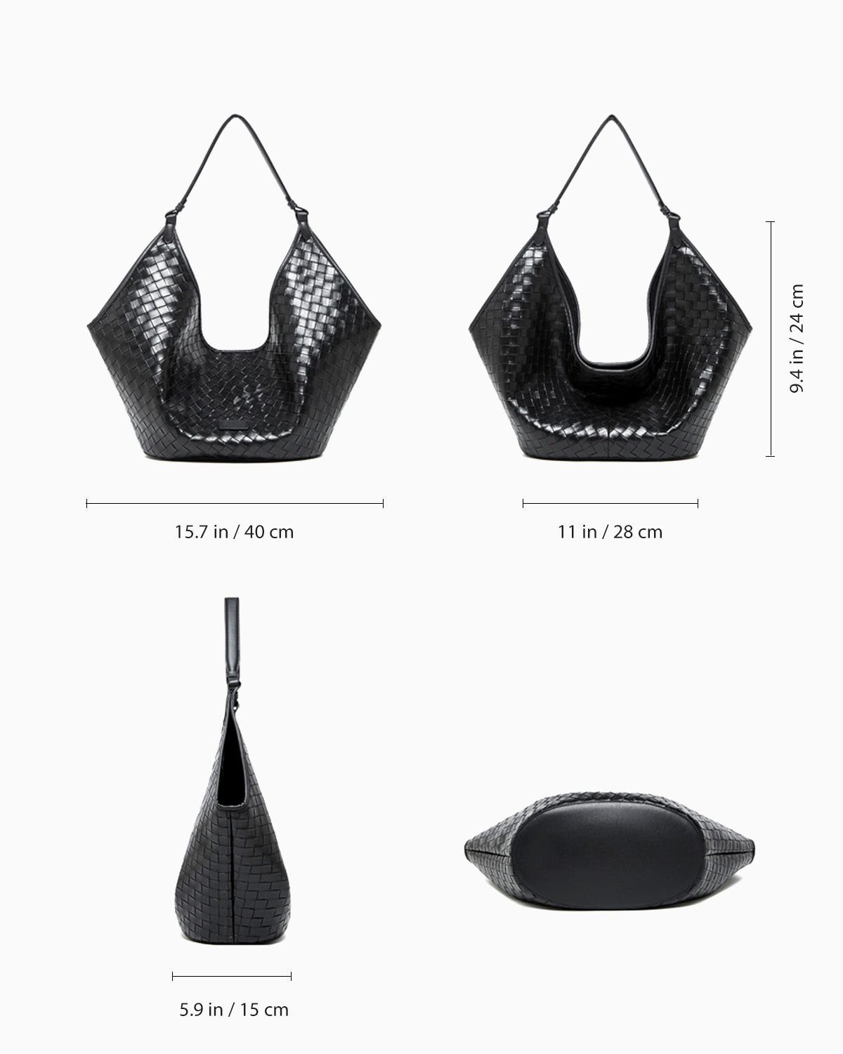 Dimensions of the Woven Genuine Leather Hobo Shoulder Tote Bag, Black Color