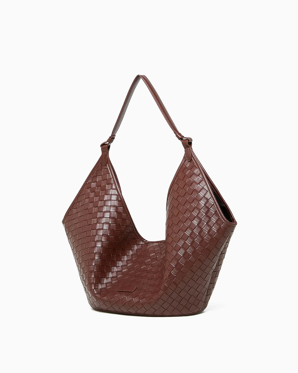 Side view of the Brown Woven Genuine Leather Hobo Shoulder Tote Bag