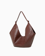 Side view of the Brown Woven Genuine Leather Hobo Shoulder Tote Bag