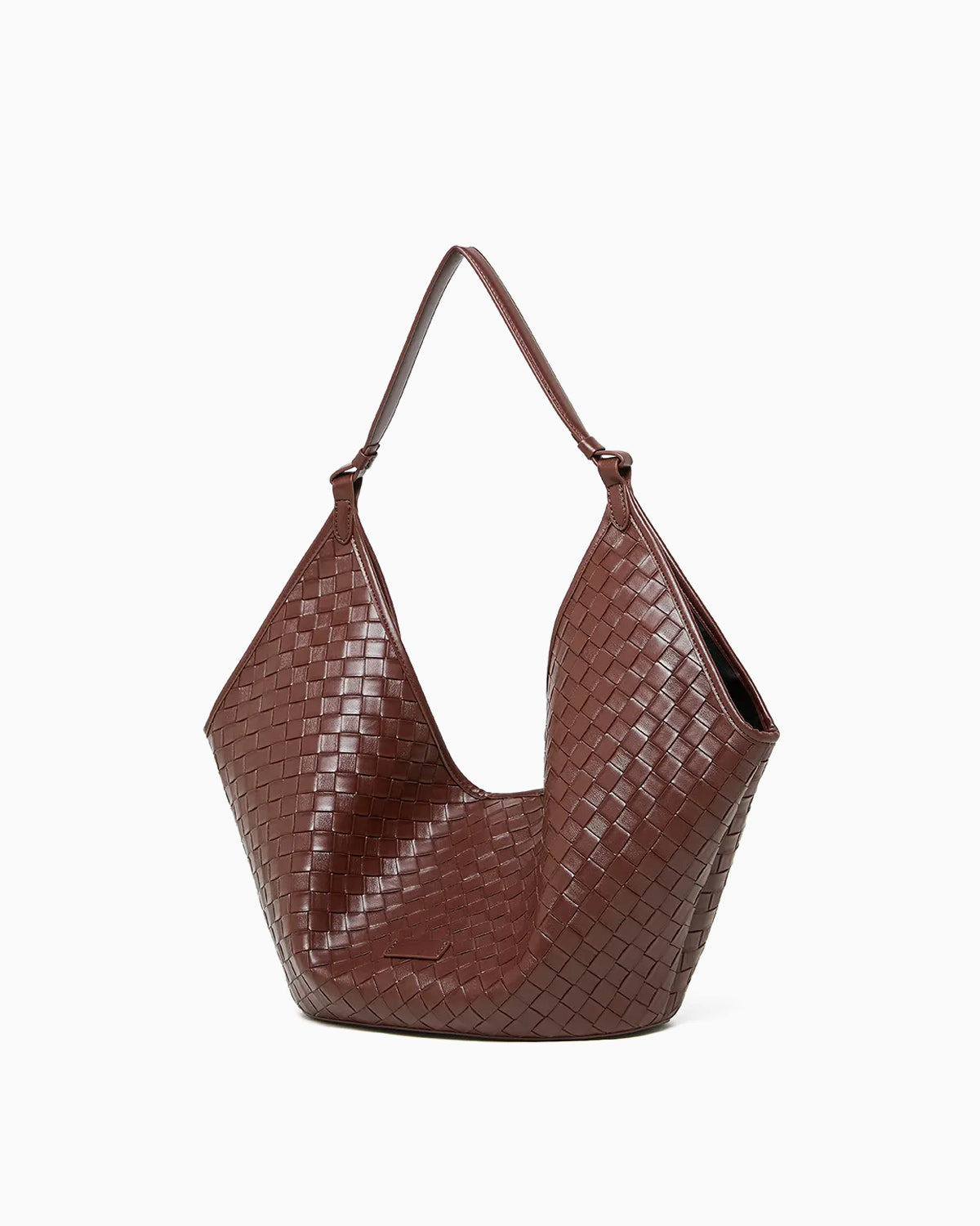 Side view of the Brown Woven Genuine Leather Hobo Shoulder Tote Bag