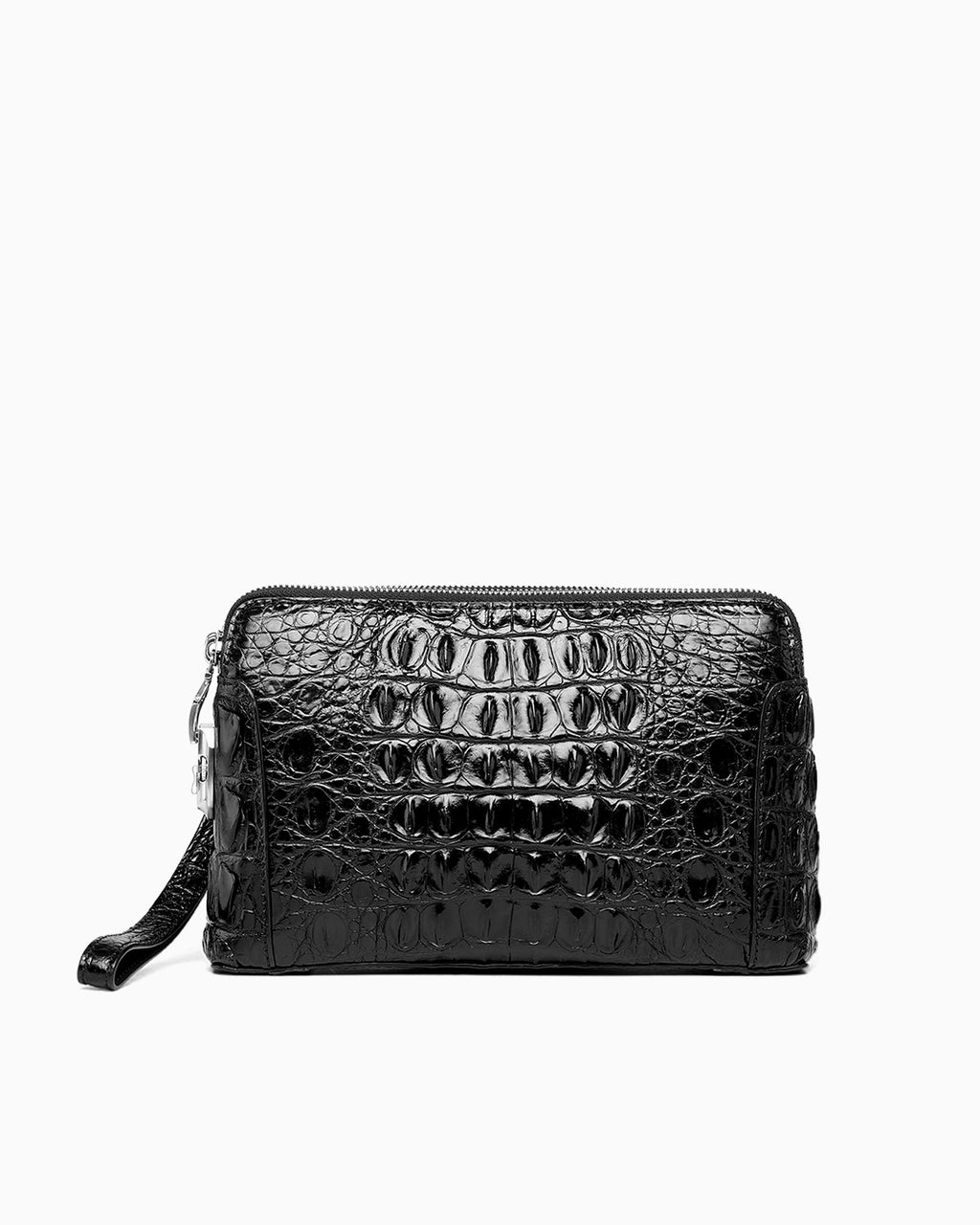 Black Genuine Siamese Crocodile Leather Wristlet Clutch with a top zipper and a matching wrist strap.