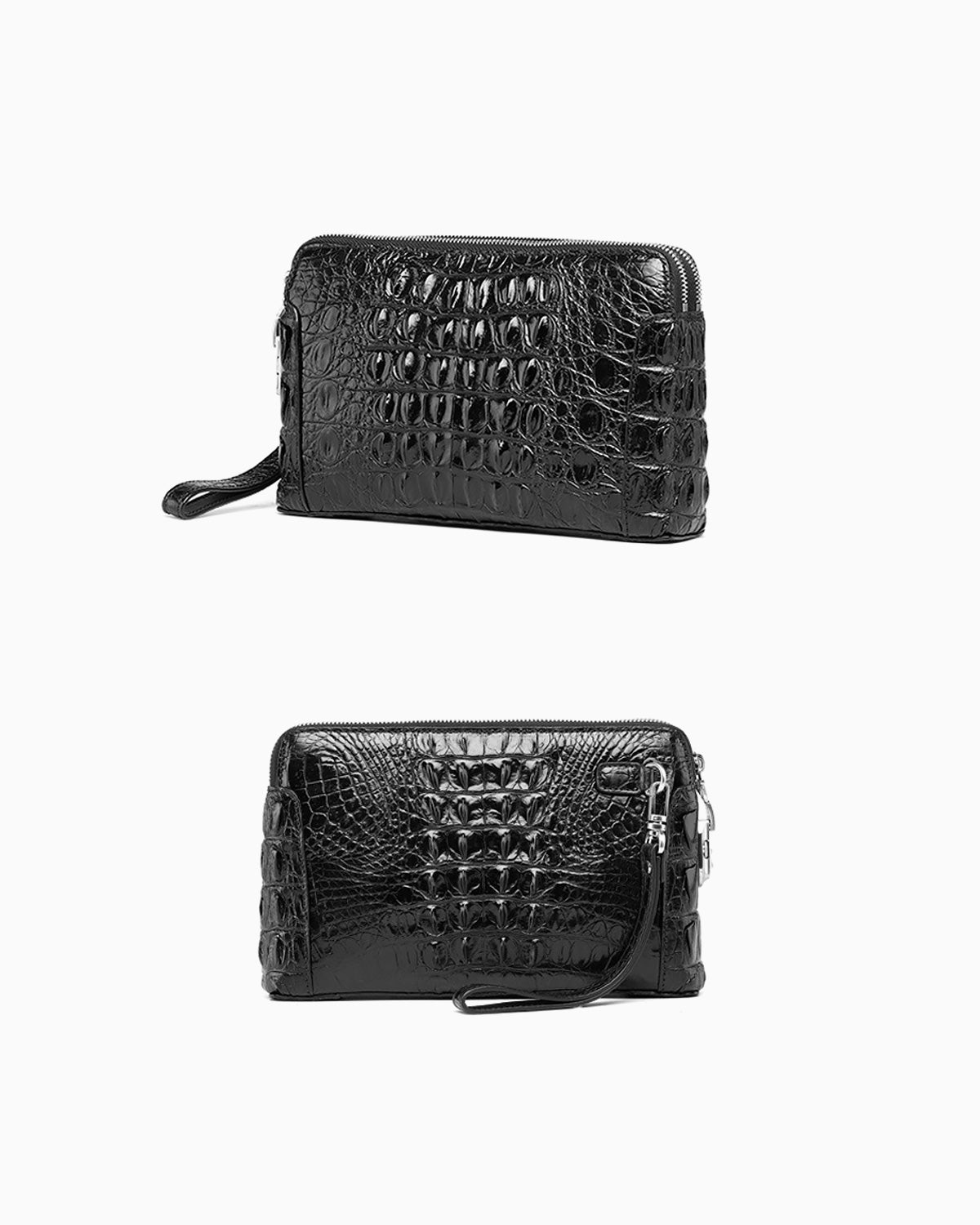 Front and Back view of the Black Genuine Siamese Crocodile Leather Wristlet Clutch with a Combination Lock