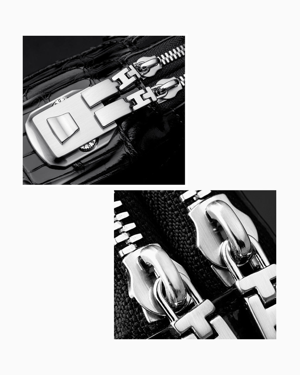 Hardware details of the Black Genuine Siamese Crocodile Leather Wristlet Clutch with a Combination Lock