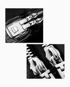 Hardware details of the Black Genuine Siamese Crocodile Leather Wristlet Clutch with a Combination Lock