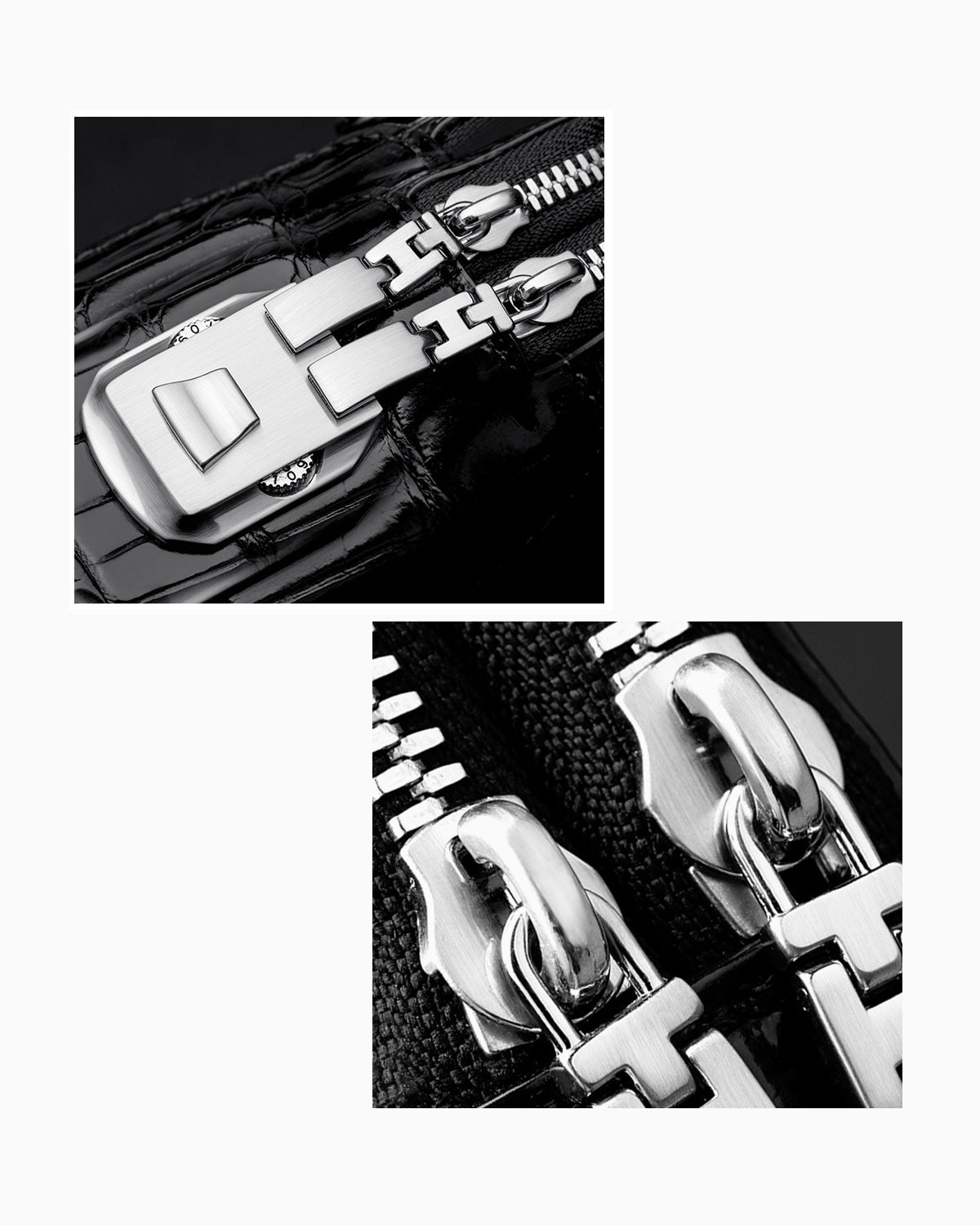 Hardware details of the Black Genuine Siamese Crocodile Leather Wristlet Clutch with a Combination Lock