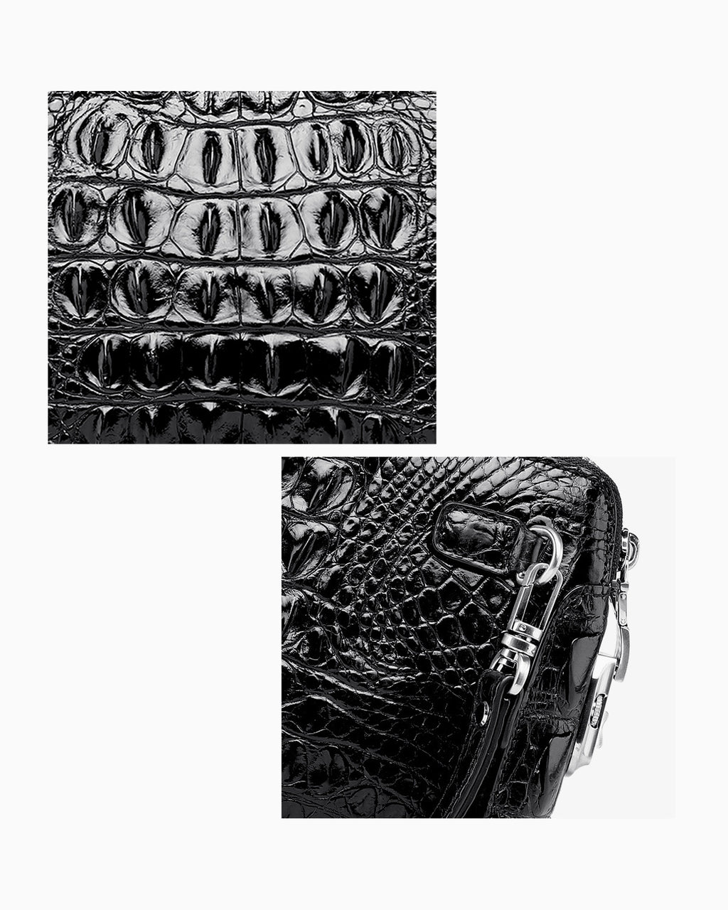 Leather texture and a removable wrist strap detail of the Black Genuine Siamese Crocodile Leather Clutch