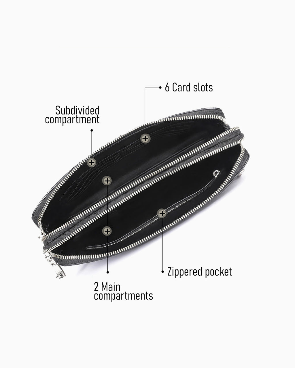 A Black Genuine Siamese Crocodile Leather Clutch with a Combination Lock showing its interior features, including 6 card slots, a subdivided compartment, 2 main compartments, and a zippered pocket