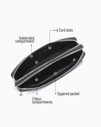 A Black Genuine Siamese Crocodile Leather Clutch with a Combination Lock showing its interior features, including 6 card slots, a subdivided compartment, 2 main compartments, and a zippered pocket