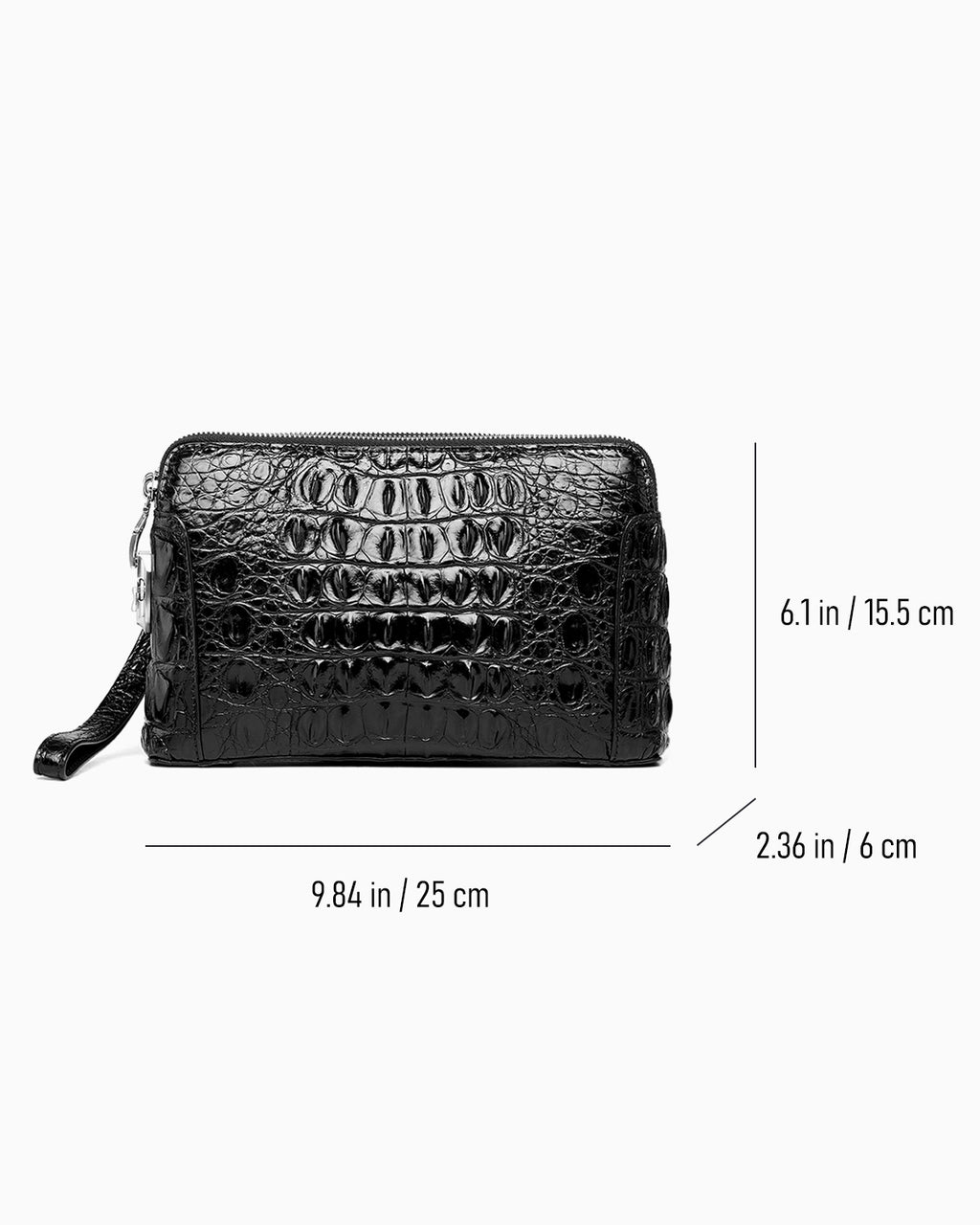 Dimensions od the Black Genuine Siamese Crocodile Leather Wristlet Clutch with a Combination Lock