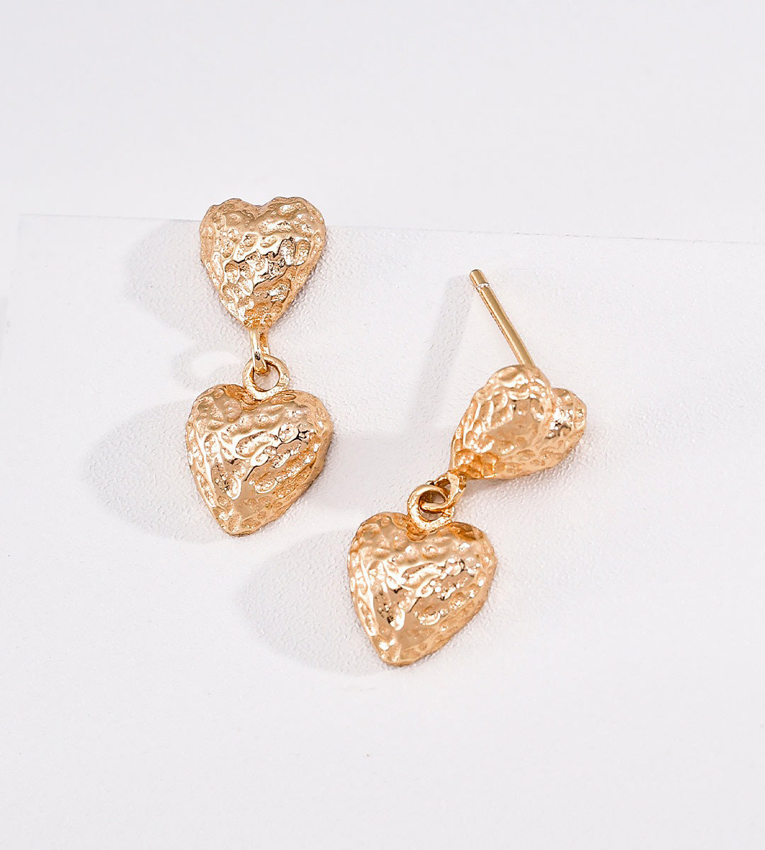 Hammered Double Heart Drop Earrings | 18K Gold Plated S925 Silver 