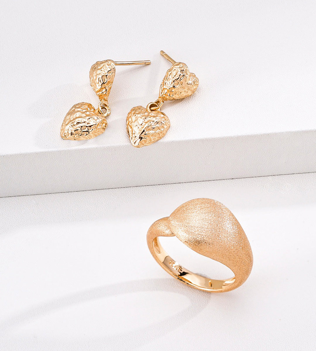 18K Gold Plated S925 Silver Hammered Double Heart Drop Earrings with matching Ring