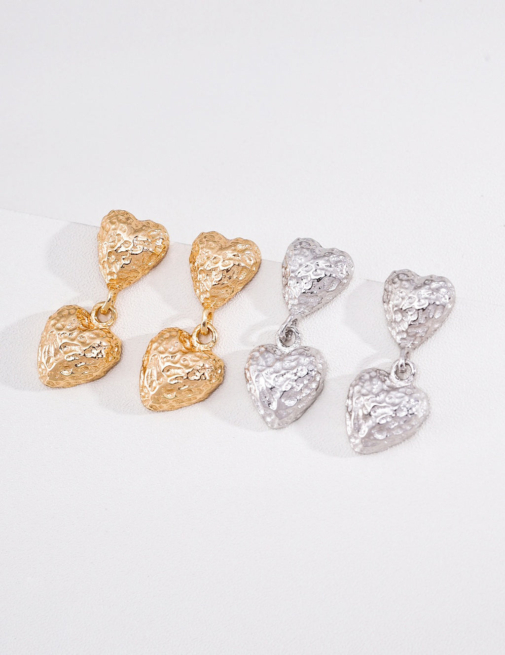 Hammered Double Heart Drop Earrings