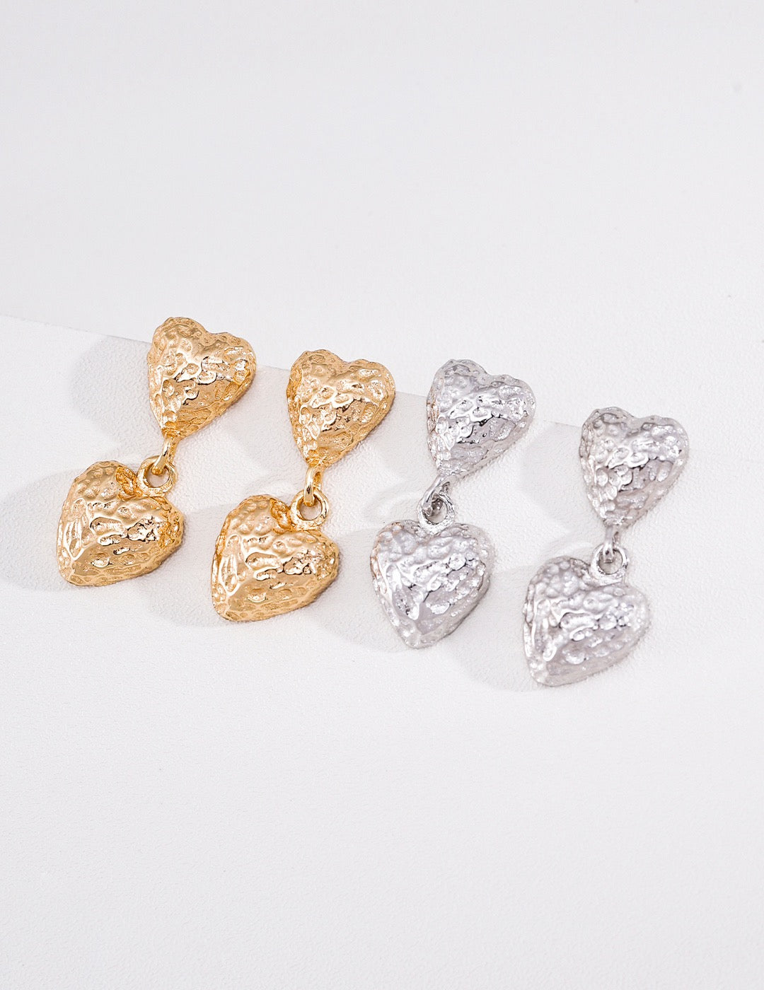 Hammered Double Heart Drop Earrings