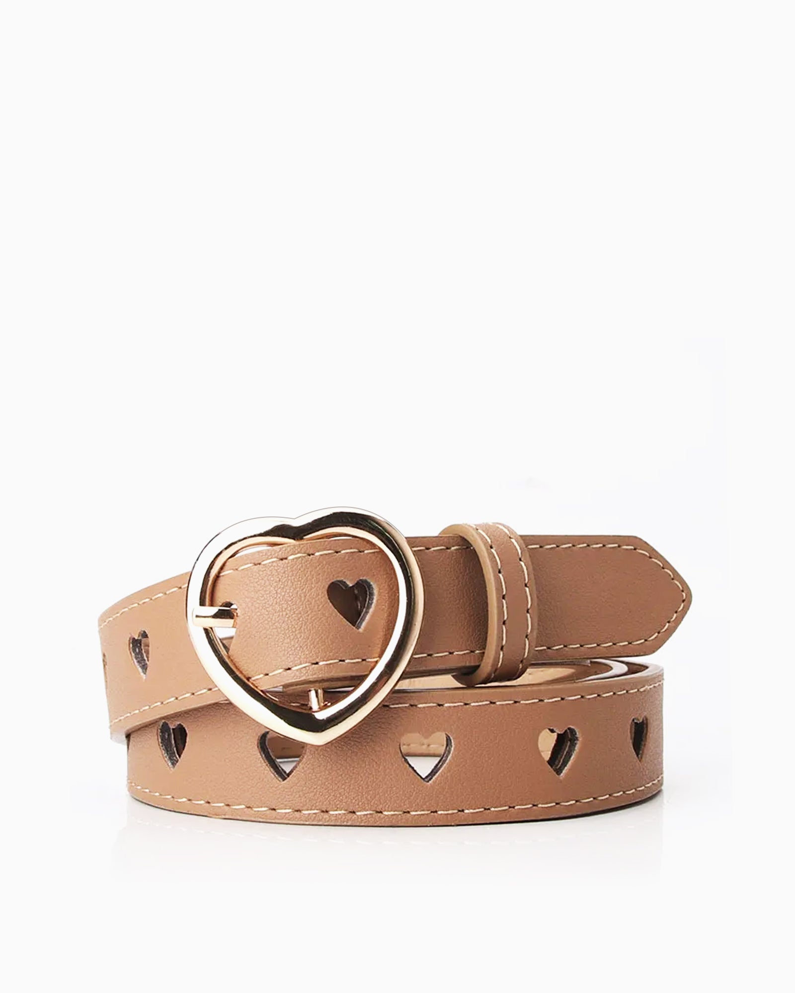 Women's Casual All-Match Slim Belt with Gold Heart Buckle, Khaki color