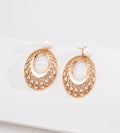 18K gold-plated S925 silver oval drop earrings with openwork lattice, cubic zirconia accents and freshwater pearl tops.