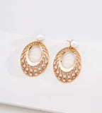 18K gold-plated S925 silver oval drop earrings with openwork lattice, cubic zirconia accents and freshwater pearl tops.