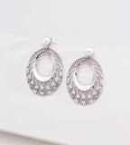 18K gold-plated S925 silver oval drop earrings with openwork lattice, cubic zirconia accents and freshwater pearl tops.