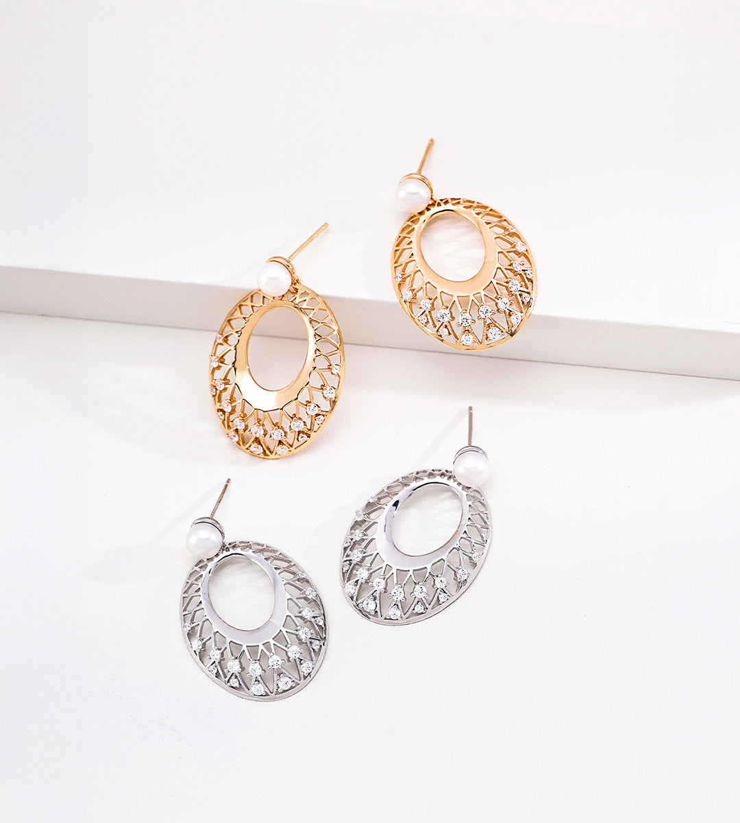 18K gold-plated 925 silver oval lace pearl drop earrings in Vintage Gold and White Gold finishes, showing rhombus lattice and cubic zirconia accents.