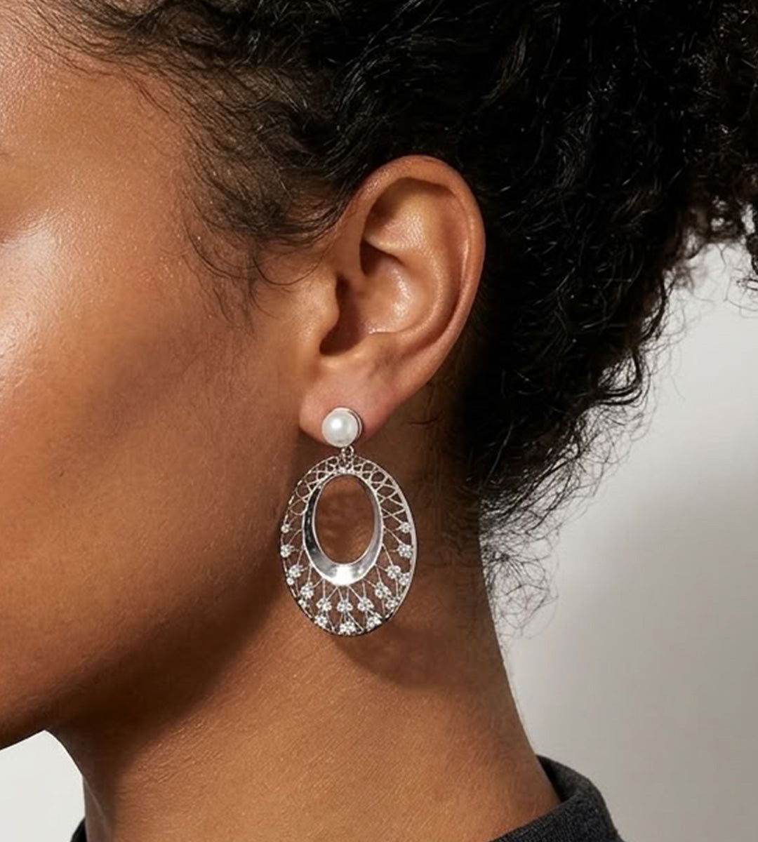 Hollow Oval Lace Pearl Drop Earrings