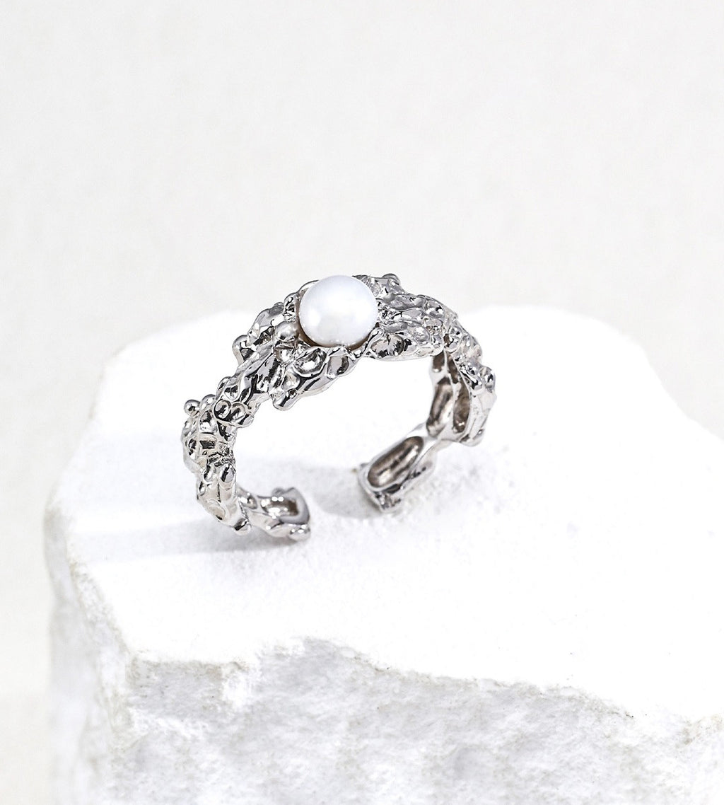 Irregular Molten Pearl Adjustable Ring 18K Gold-Plated over S925 Silver, White Gold Color