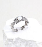 Irregular Molten Pearl Adjustable Ring 18K Gold-Plated over S925 Silver, White Gold Color