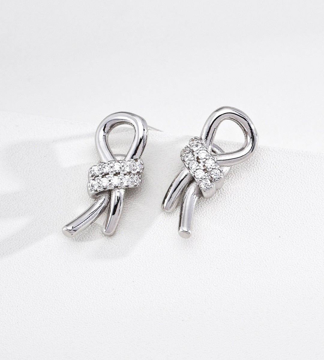 18K White-Gold-Plated over S925 Silver Knotted Zircon Stud Earrings