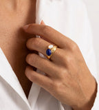 Close-up on 18K Gold-Plated on S925 Silver Open Ring with Lapis Lazuli and Mother-of-Pearl | BUCKLE Collective