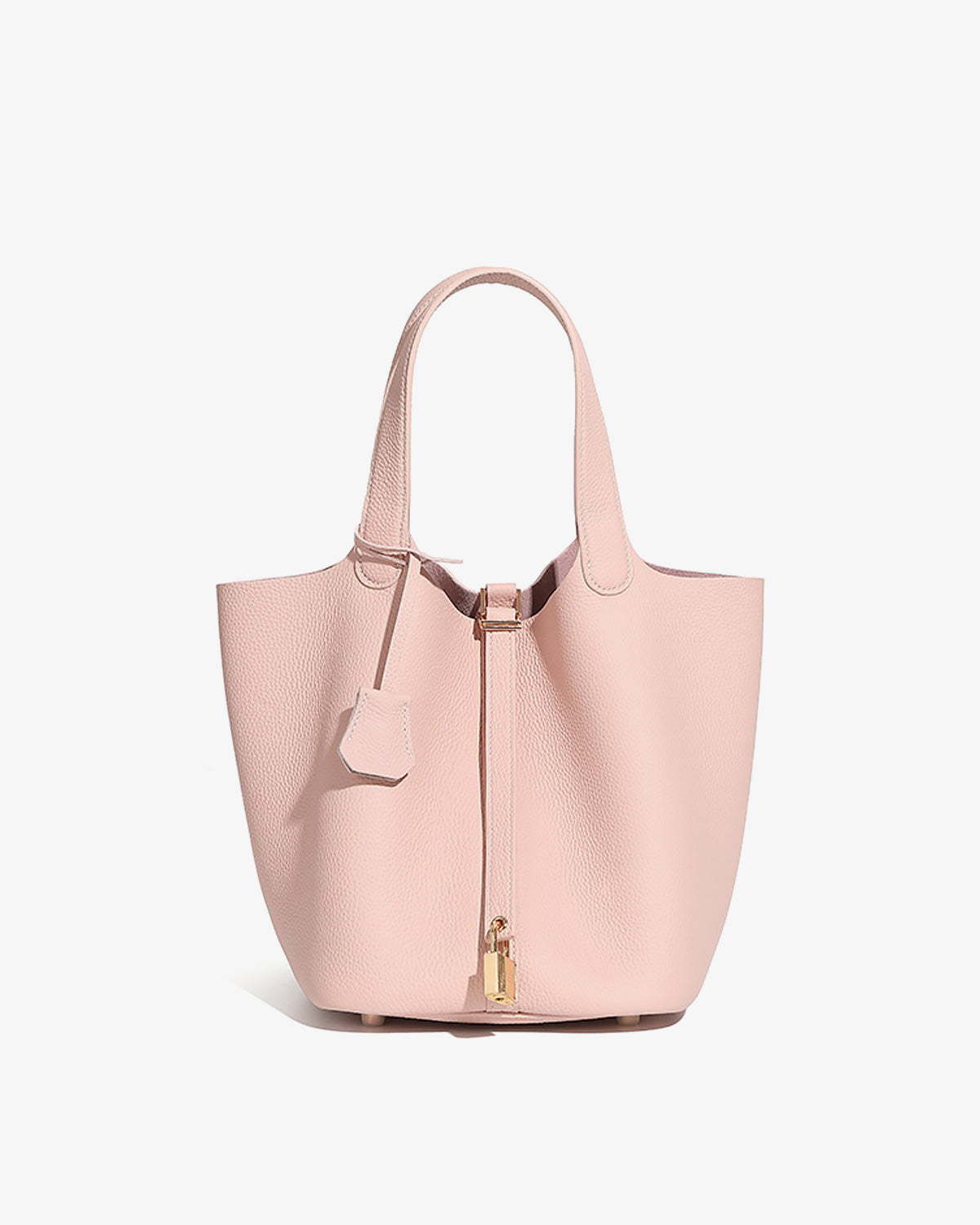 Large Genuine Togo Leather Bucket Bag in Light Pink Color with a gold-toned Lock and Inner Pouch