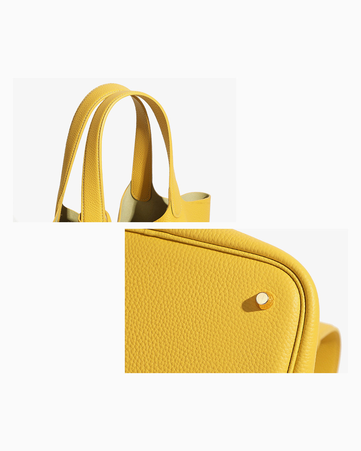 A close-up product image of a bright yellow Togo leather bucket bag, showing the top handles and bottom detail