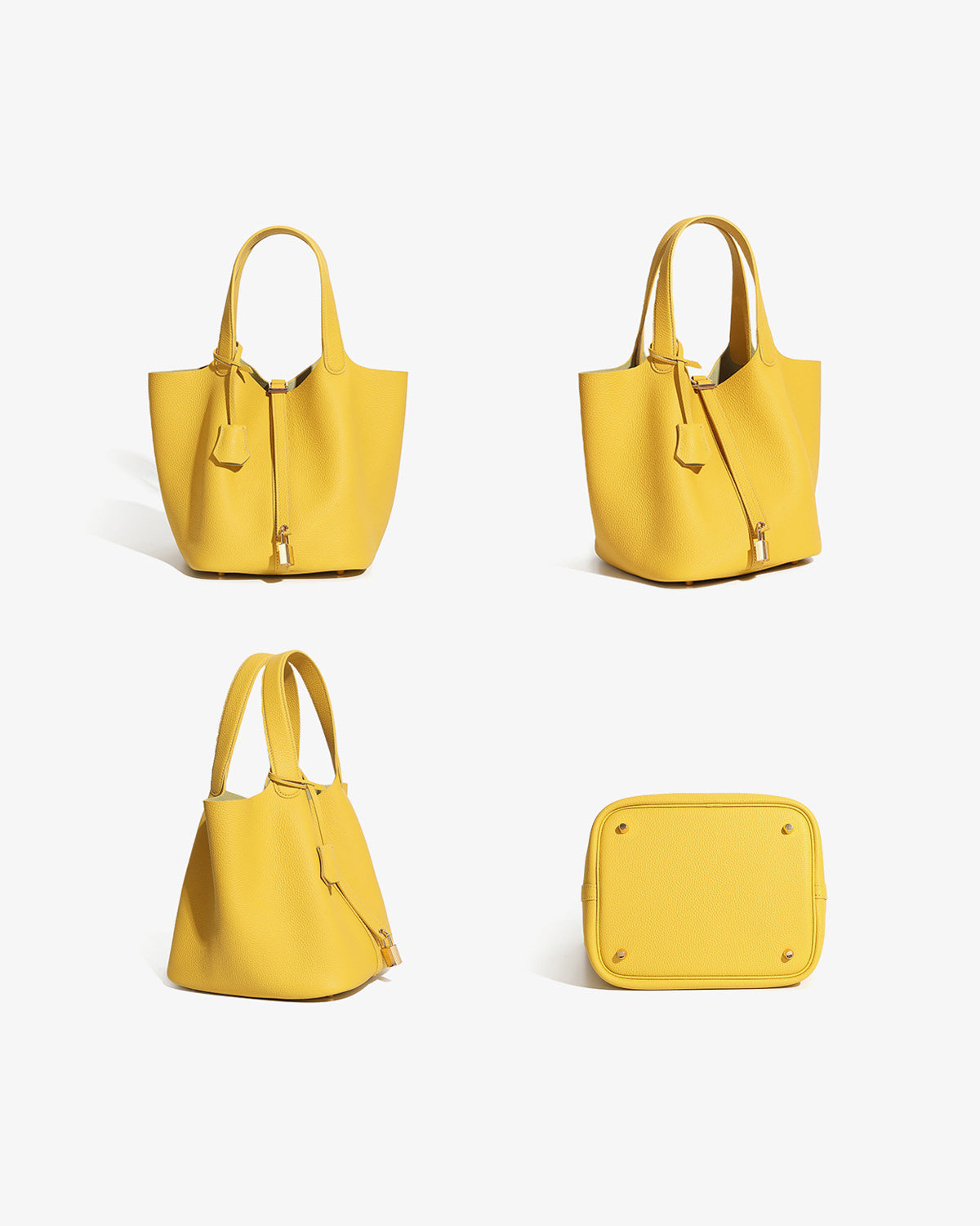 A bright yellow Togo leather bucket bag shown from four angles on a clean white background: front, angled side, side profile, and bottom view.