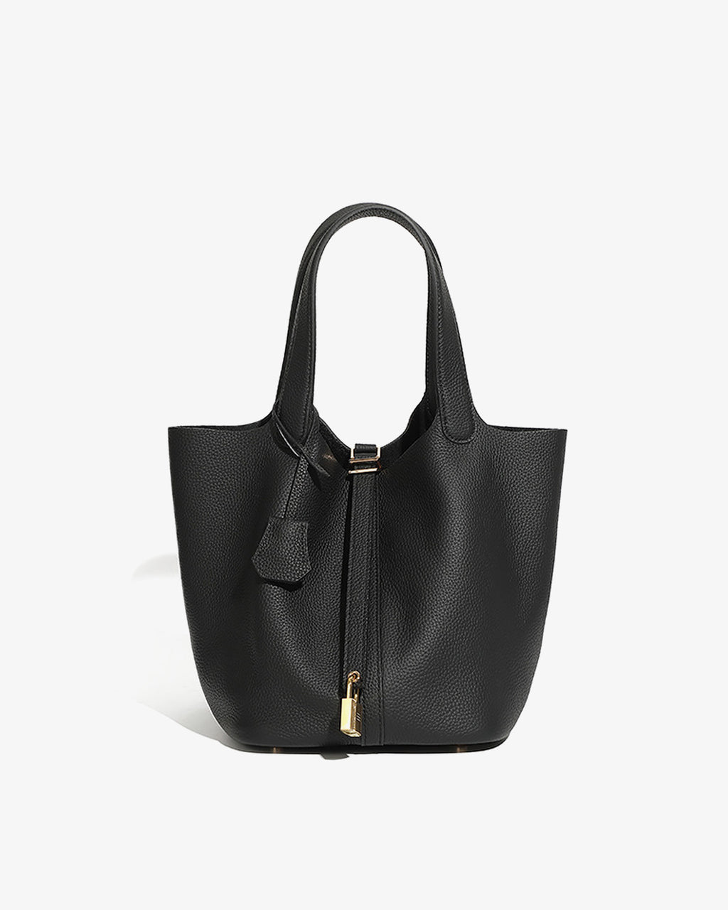 A Black Large Genuine Togo Leather Bucket Bag with Gold-toned Lock