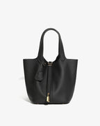 A Black Large Genuine Togo Leather Bucket Bag with Gold-toned Lock