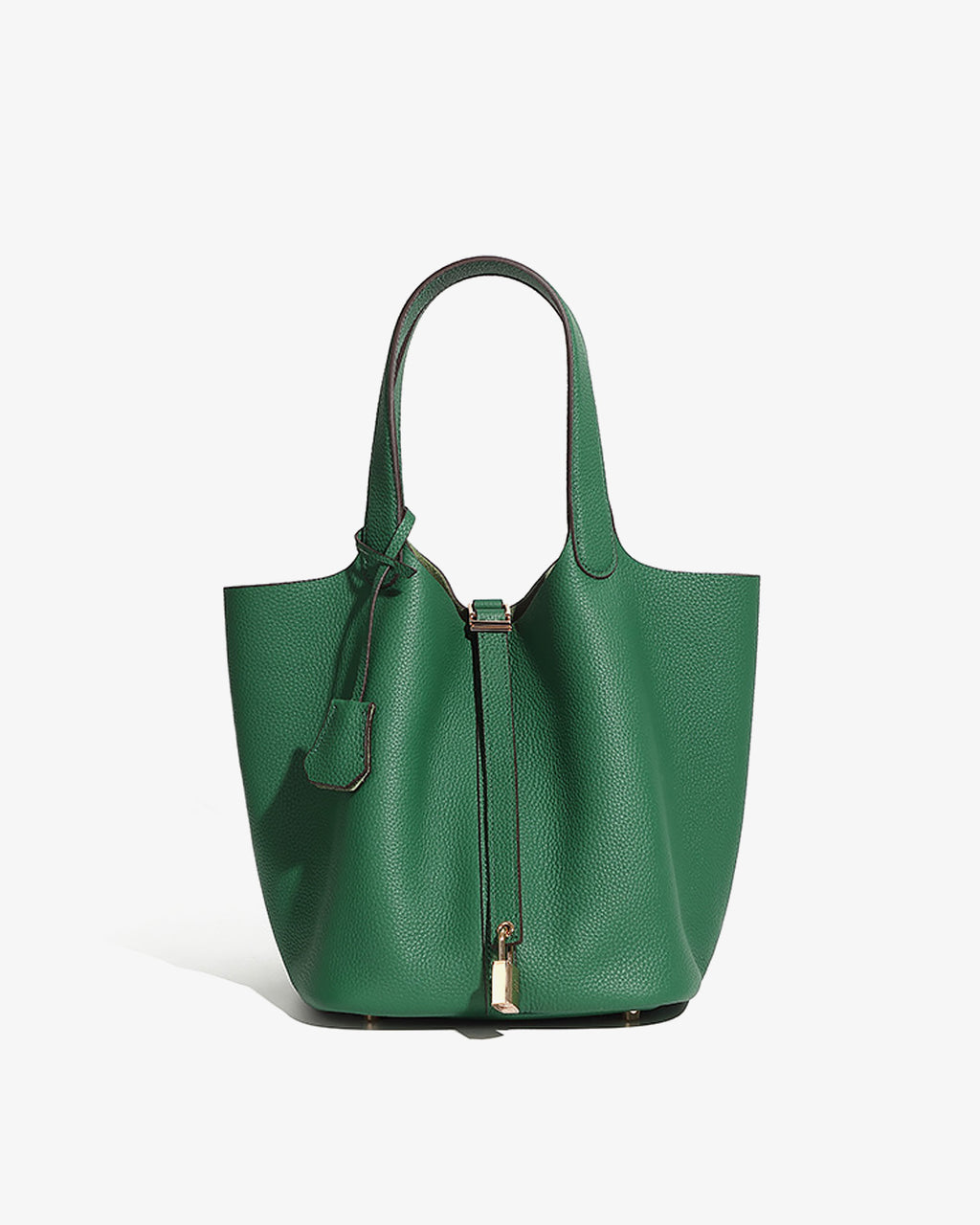A Green Large Genuine Togo Leather Bucket Bag with Gold-toned Lock and Inner Pouch