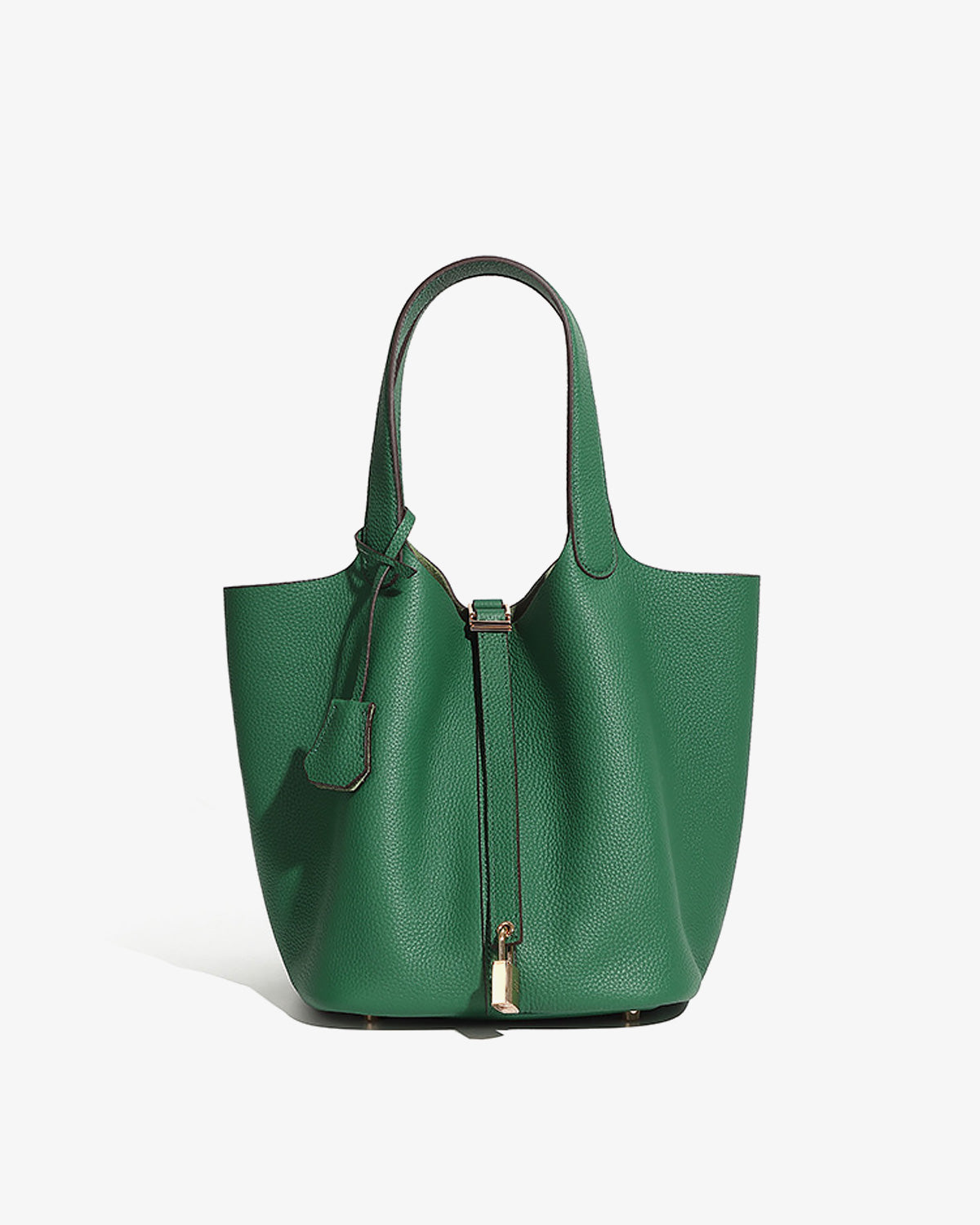 A Green Large Genuine Togo Leather Bucket Bag with Gold-toned Lock and Inner Pouch