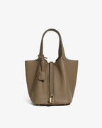 Large Genuine Togo Leather Bucket Bag in Elephant Grey Color with Gold-toned Lock and Inner Pouch