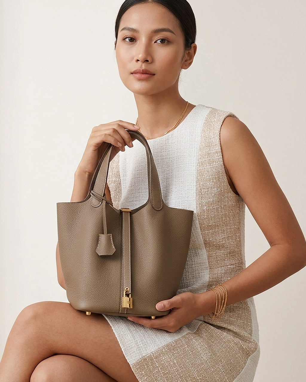A woman wearing a white sleeveless textured dress holds a Large Genuine Togo Leather Bucket Bag in Elephant Grey Color with a gold-toned lock
