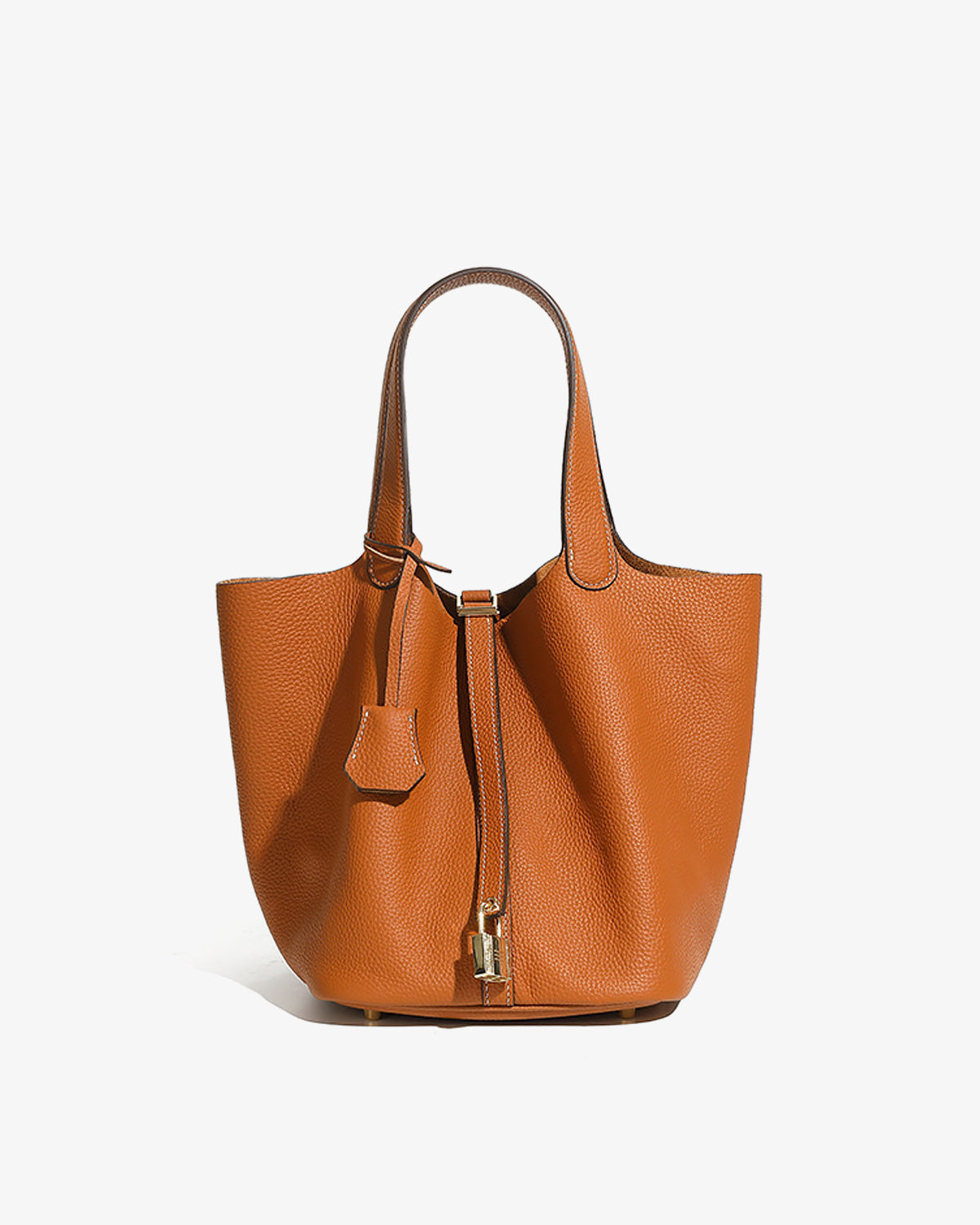 Large Genuine Togo Leather Bucket Bag in Light Brown Color with Gold-toned Lock and Inner Pouch by BUCKLE Collective